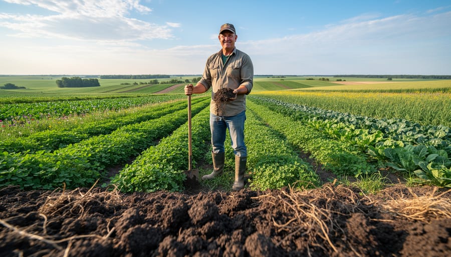 Alberta farmer standing in thriving cover crop field with prairie landscape