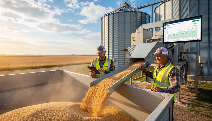 Alberta farmer standing in front of modern grain storage facility at sunset