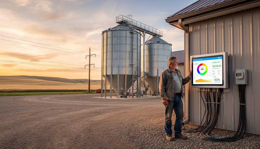 Alberta farmer monitoring grain dryer operations using tablet with smart energy management system