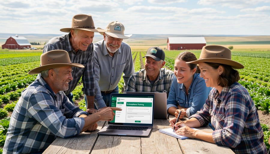 Two Alberta farmers meeting and shaking hands at organic farm with barn and vegetable rows