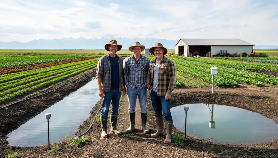 Alberta organic farmer inspecting soil quality and moisture in certified organic field