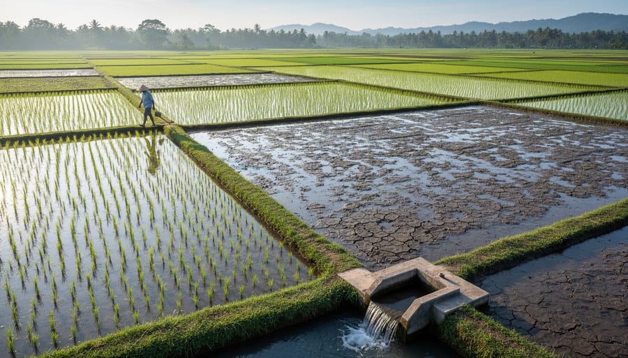 Rice field showing alternating wet and dry sections demonstrating water management technique