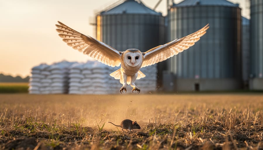Barn owl with captured mouse on fence post overlooking farmland