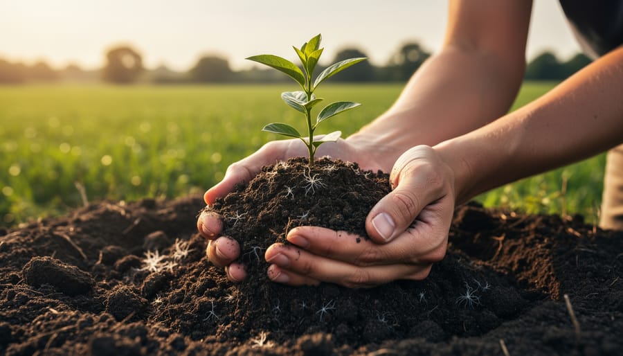 Farmer's hands holding rich dark soil with visible earthworm and organic matter