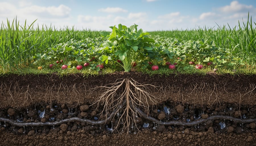 Cross-section view of cover crop roots growing through healthy soil showing root structure
