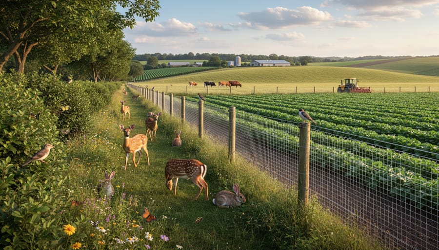 White-tailed deer grazing near the edge of a wheat field with protective fencing