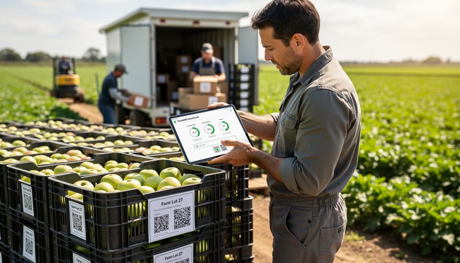 Farmer using smartphone to scan QR code on produce crate for traceability tracking