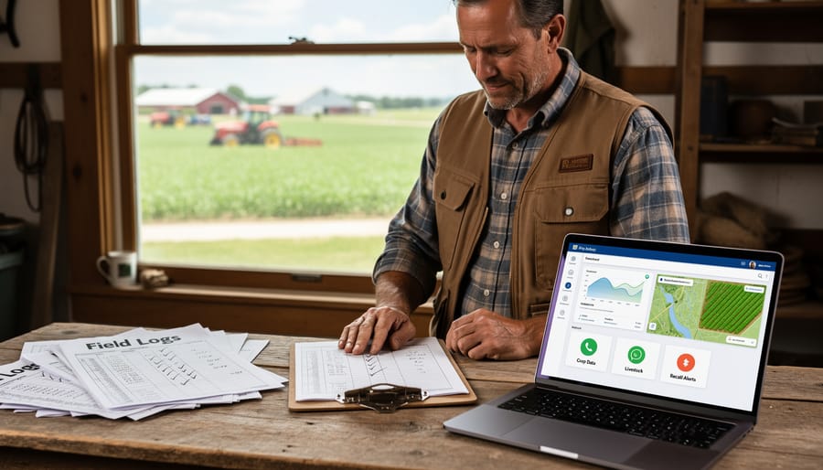 Farmer's workspace showing transition from paper records to digital farm management system