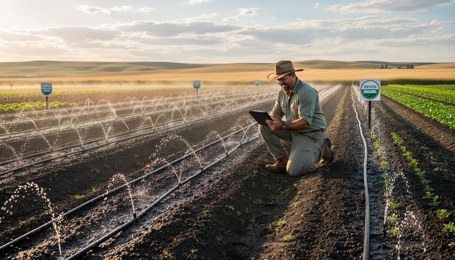 Drip irrigation emitters delivering water to organic vegetable crops in Alberta farm
