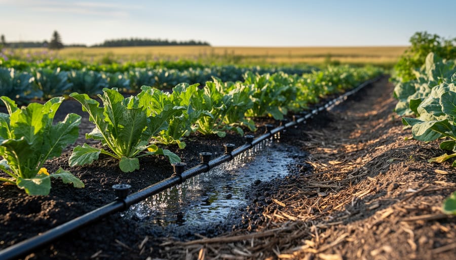 Drip irrigation tubing with water droplets running through rows of organic vegetables in Alberta field