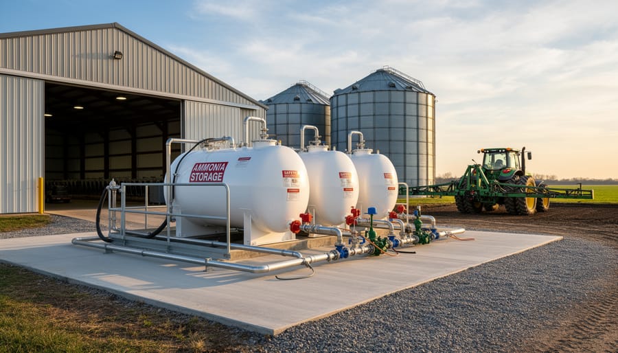 Farmer standing beside ammonia storage tank with renewable energy equipment in background