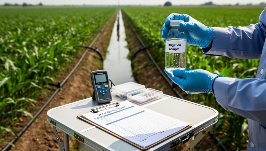 Clean irrigation water flowing onto agricultural soil in farm field