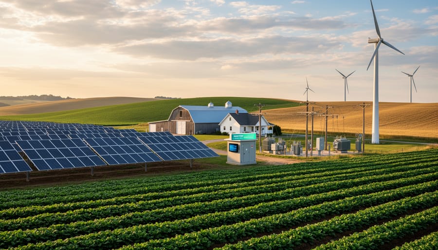 Solar panel installation on farm with wind turbine in background under prairie sky