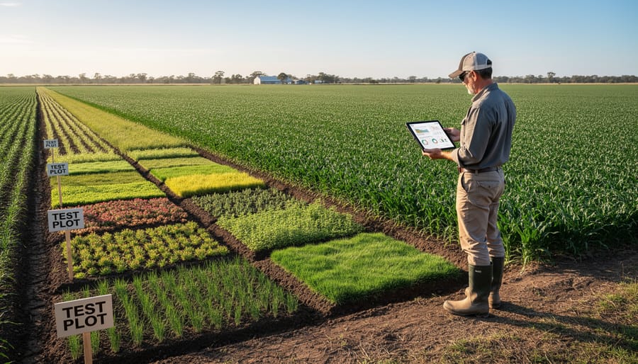 Small agricultural test plot marked with stakes in corner of larger canola field