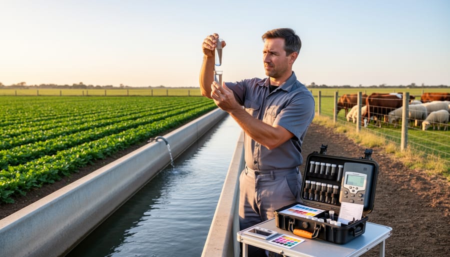 Farmer holding water sample bottle for laboratory testing in agricultural field