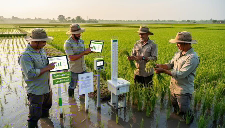 Rice farmer inspecting healthy rice plants in paddy field