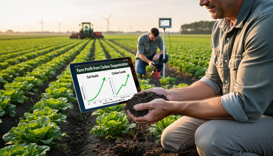 Farmer examining soil sample while reviewing data in agricultural field