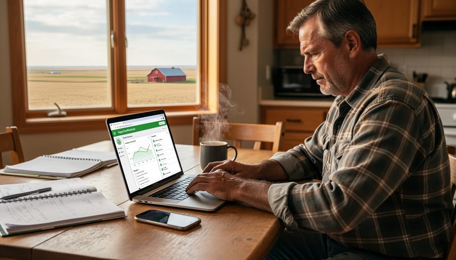 Farmer working on laptop computer with certification documents at home kitchen table