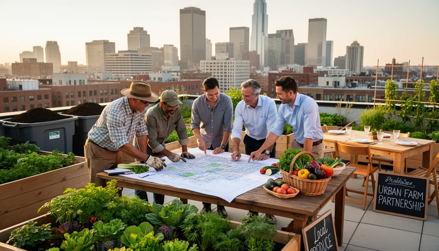 Farmer and urban planner collaborating in agricultural field setting