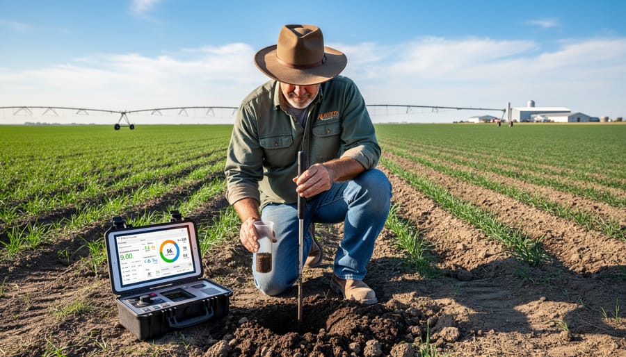 Farmer testing soil moisture levels in agricultural field using probe equipment