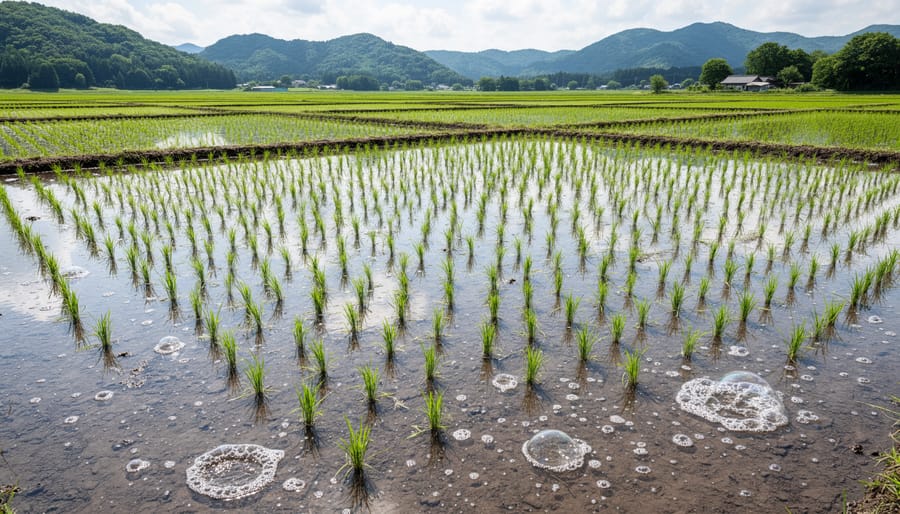 Aerial view of flooded rice paddy fields with green rice plants growing in standing water