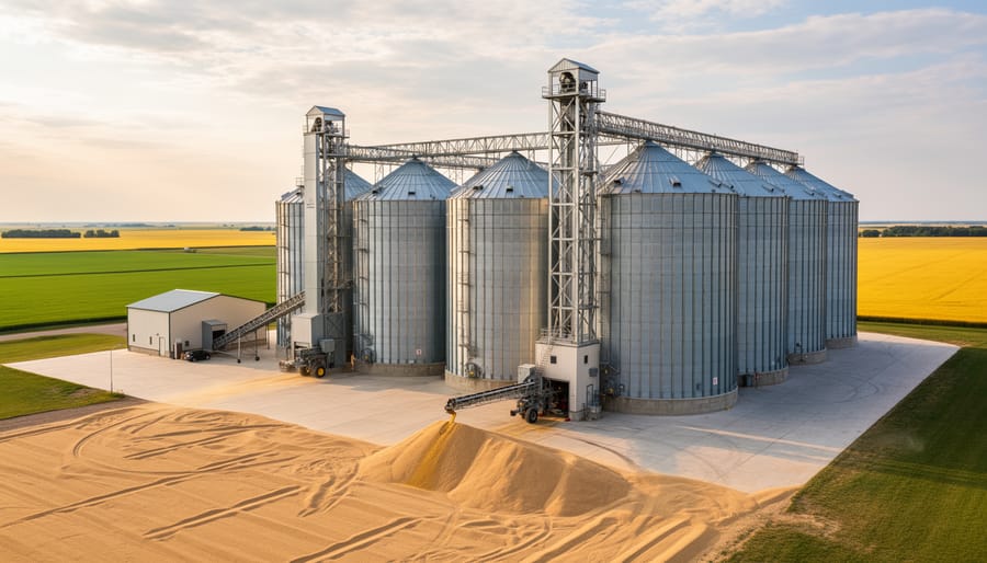 Modern grain storage bins on Alberta farm under clear sky