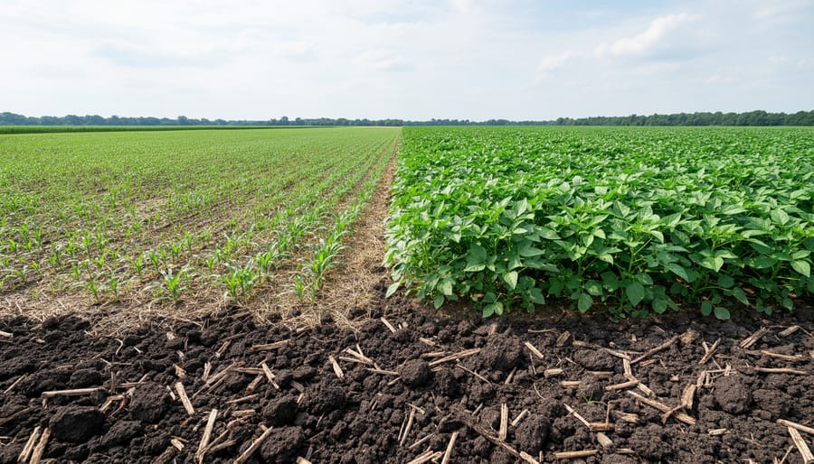 Aerial view of healthy cover crops and wheat growing in Alberta farmland