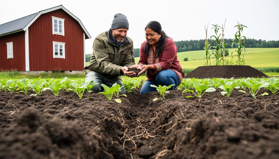 Close-up of healthy dark soil with visible organic matter and biological activity in farmer's hands