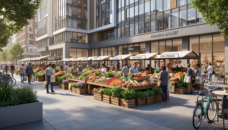 Modern urban building with integrated farmers market space in ground floor design