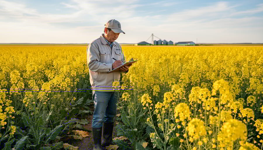 Japanese farmer examining canola plants closely in flowering field