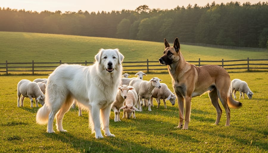 Great Pyrenees guardian dog protecting sheep flock in prairie pasture