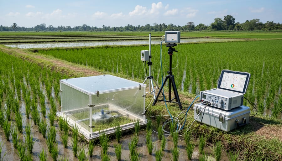 Methane measurement chamber installed in rice paddy field over growing rice plants