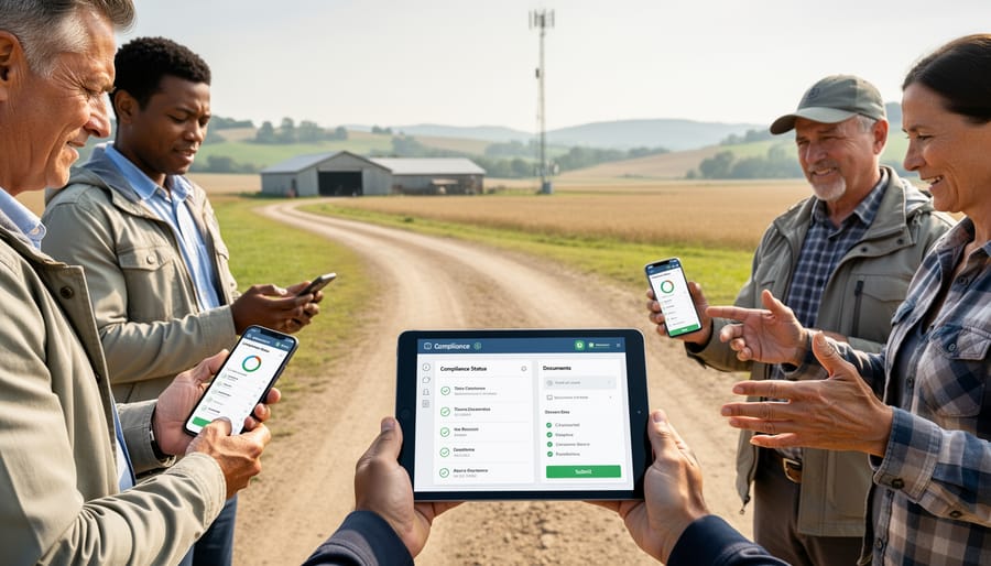 Smartphone on fence post with organic certification app and wheat field in background