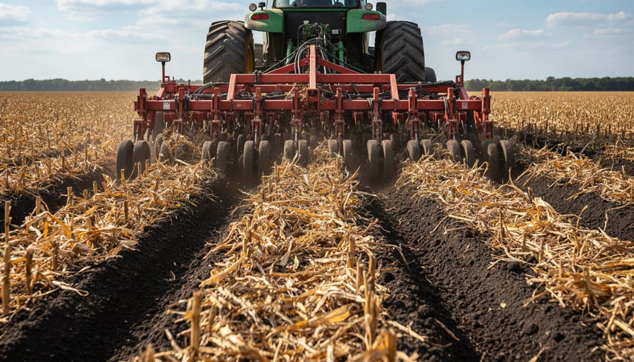No-till seeding equipment planting through crop residue in agricultural field
