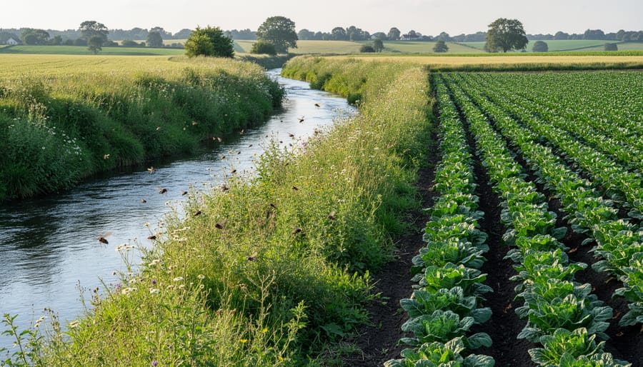Aerial view of organic farm buffer zone with native grasses separating crops from water source