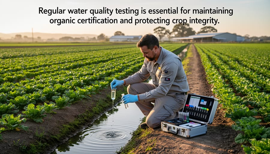 Farmer collecting irrigation water sample in glass jar for quality testing in organic field