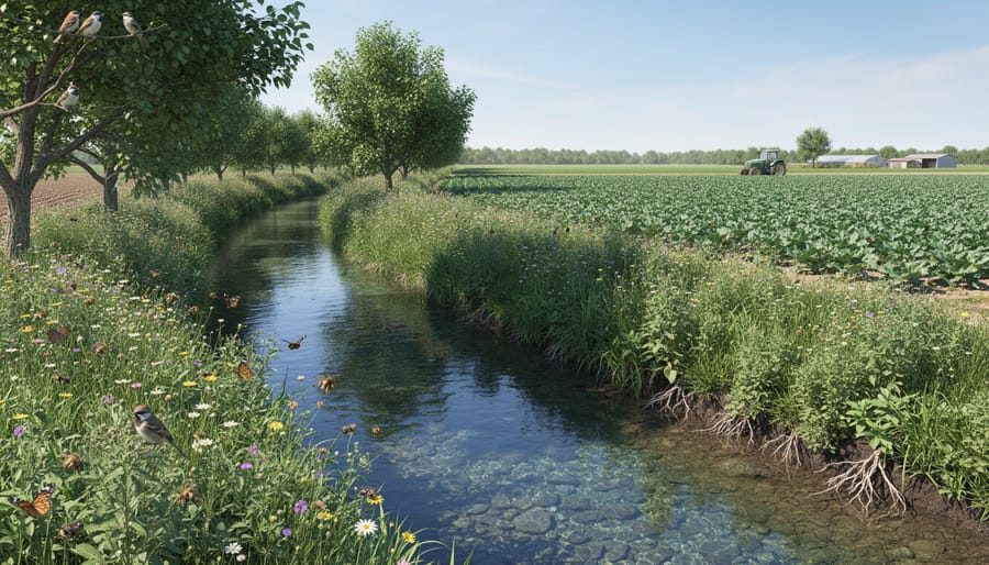 Farm pond surrounded by natural vegetation buffer zone protecting water quality