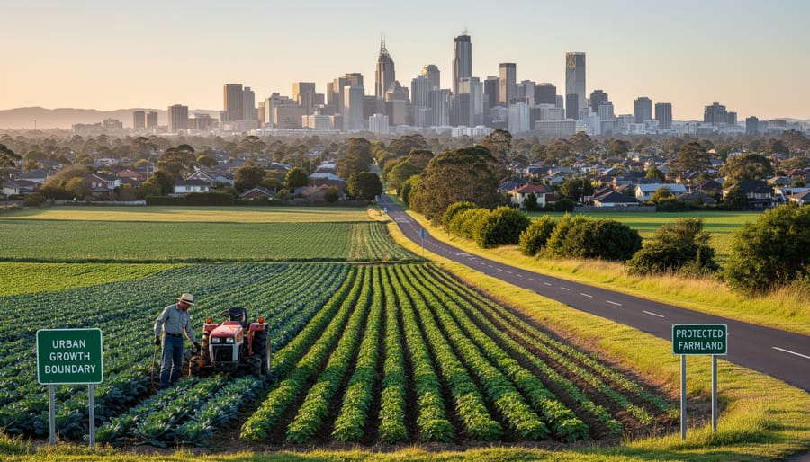 Agricultural fields with crops in foreground and city skyline on horizon showing urban-rural boundary