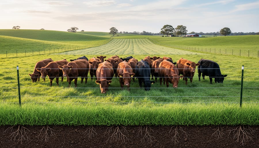 Cattle grazing in managed rotational paddock system with temporary fencing on Alberta ranch