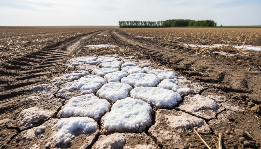 White salt crust formations on agricultural soil surface with sparse vegetation