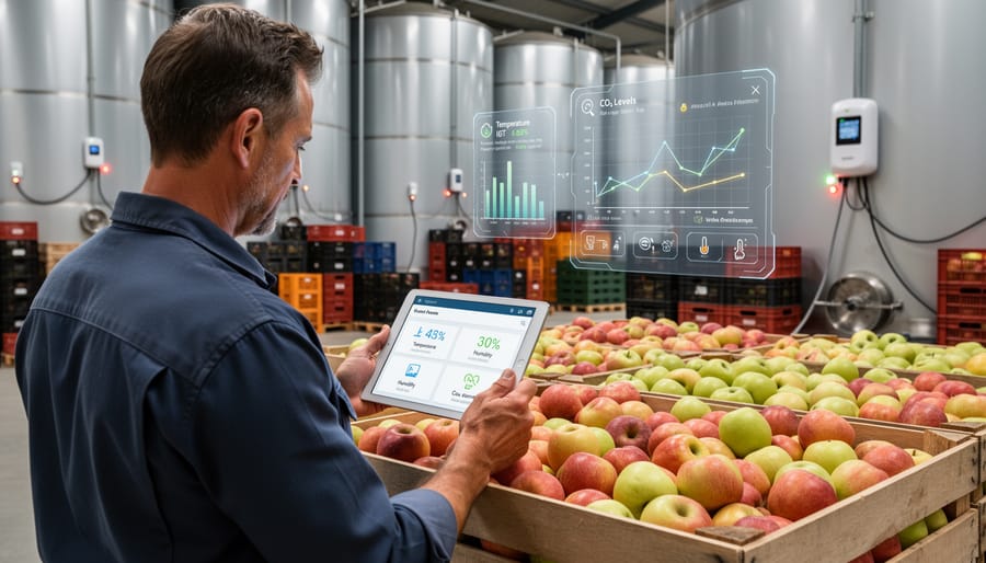 Farmer using smartphone to monitor grain storage sensor data
