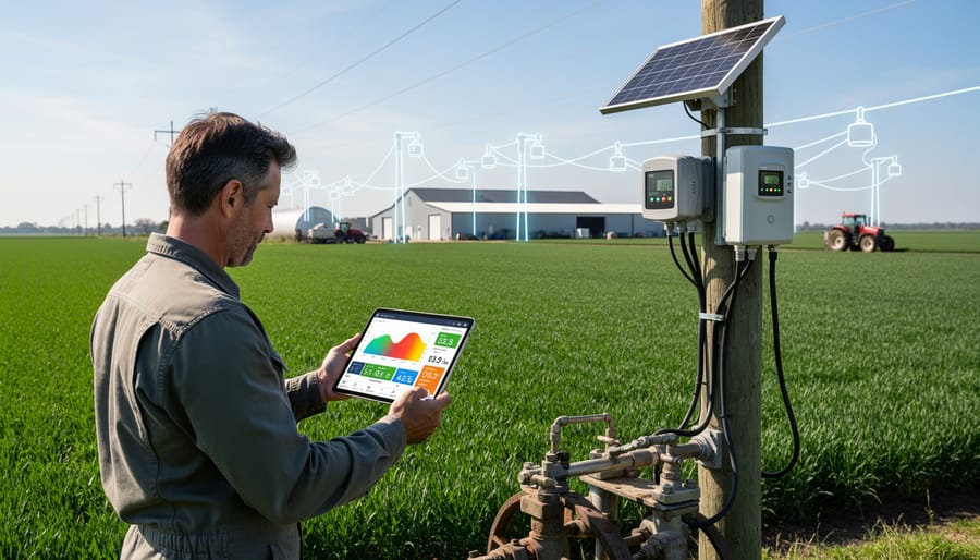 Smart energy meter installed on farm barn wall showing digital display