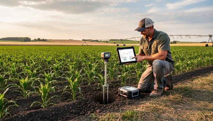 Farmer's hands holding soil moisture sensor in organic farm soil