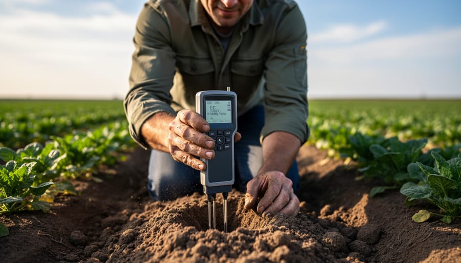 Farmer using electrical conductivity meter to test soil salinity levels in field