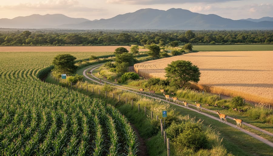 Aerial view of farm with strategic buffer zones and wildlife corridors between fields