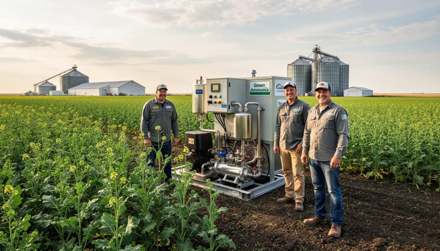 Farmer inspecting healthy canola crop grown with on-farm produced green ammonia fertilizer