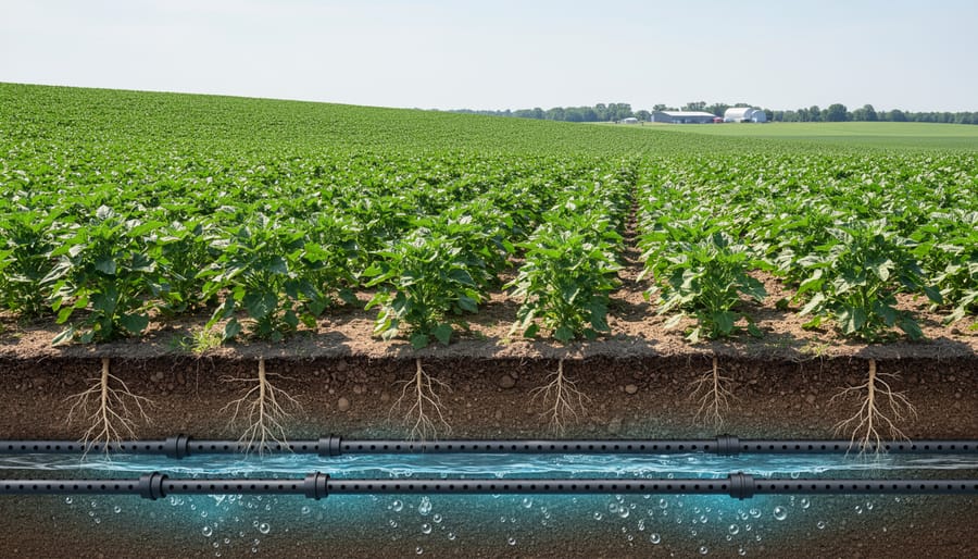 Agricultural tile drainage installation in field trench for salinity management