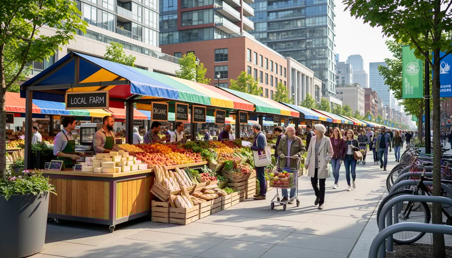 Fresh local produce displayed at farmers market with city skyline in background