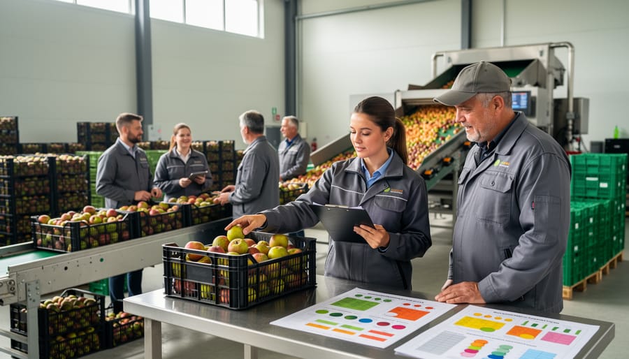 Agricultural specialist reviewing grain quality in processing facility