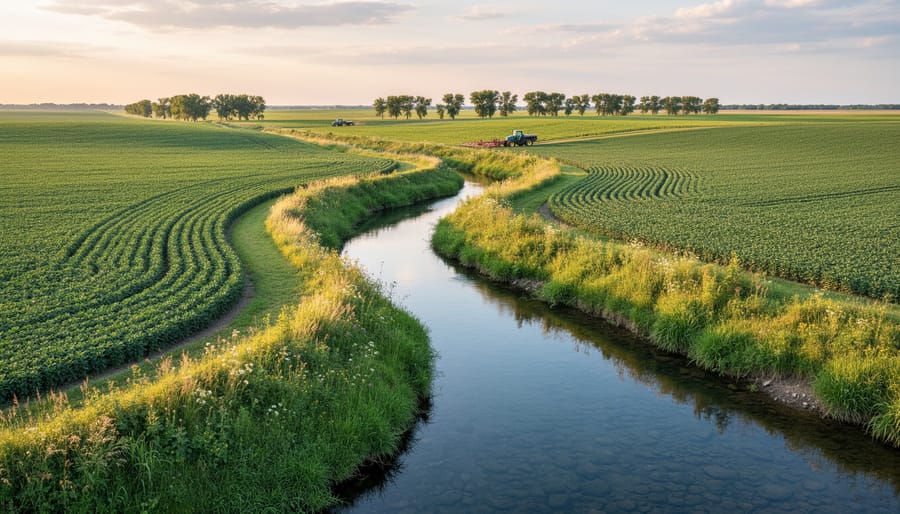 Aerial view of farmland with stream and vegetative buffer strips for water protection